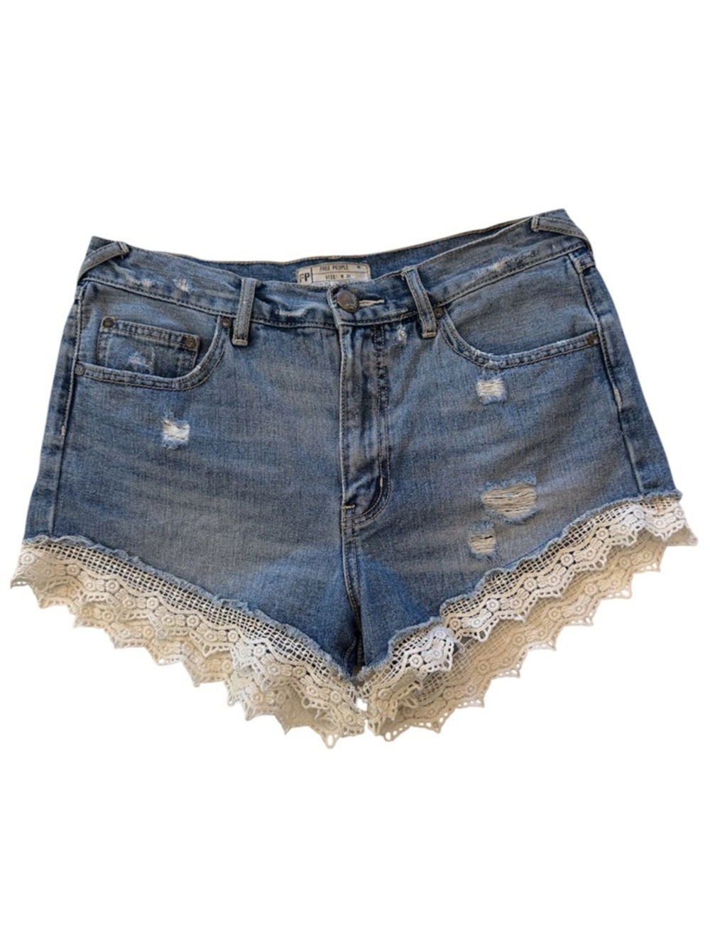 Free People Denim Shorts W28 Distressed Lace Trim Festival Boho Cottage Core
